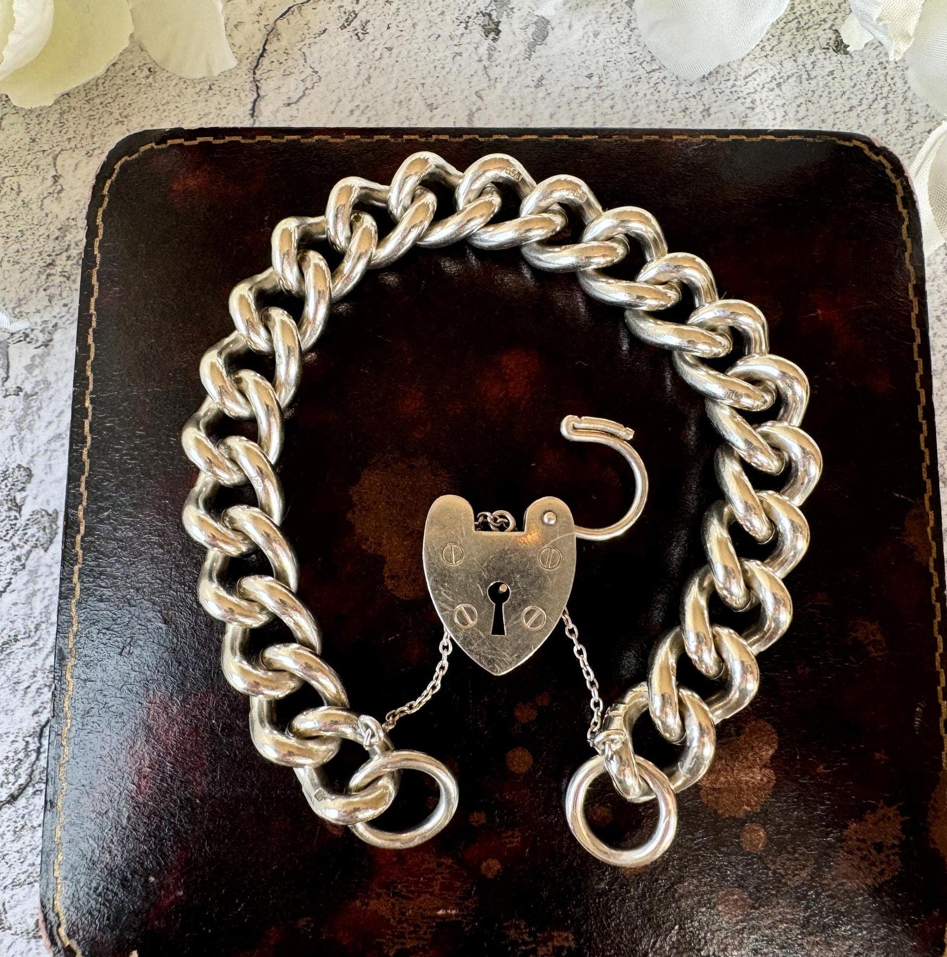 Vintage Chunky Sterling Silver Chain Bracelet & Love Heart Padlock Clasp, Dated 1977