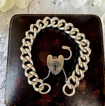 Cargar imagen en el visor de la galería, Vintage Chunky Sterling Silver Chain Bracelet &amp; Love Heart Padlock Clasp, Dated 1977
