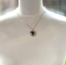 画像をギャラリービューアに読み込む, Vintage Sterling Silver Black Onyx Filigree Heart Pendant Necklace. Silver Open Work Pomander Style Puffy Love Heart Pendant &amp; Curb Chain
