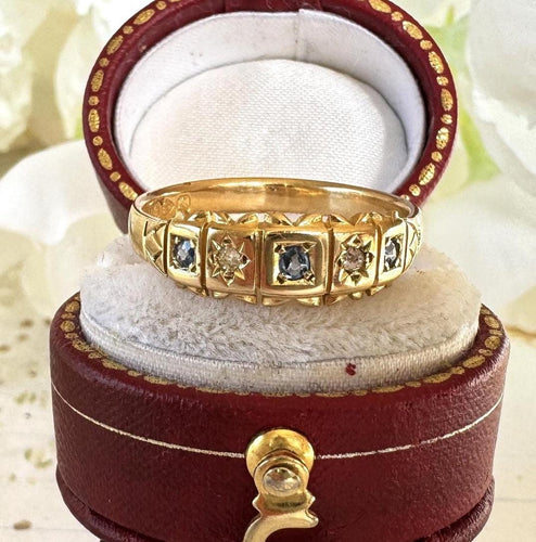 Antique 18ct Yellow Gold Sapphire & Diamond Starry Band Ring. Victorian Half Hoop Ring, Chester 1901. Large Finger Antique Ring R-1/2/ 8.75