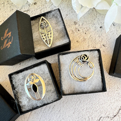 Collection of Vintage Sterling Silver Celtic Brooches. Rennie Mackintosh Glasgow Rose Lapel/Cravat/Stock Pins. 3 Art Nouveau Style Brooches