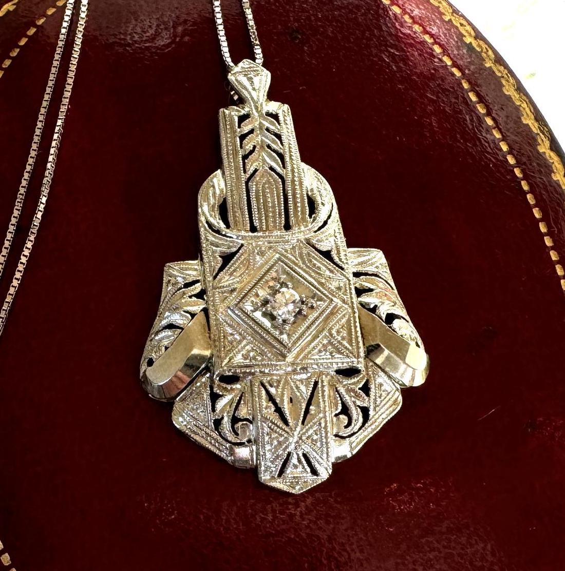 Antique Art Deco 18ct White Gold & Diamond Geometric Pendant Necklace. Edwardian Era Italian White Gold Diamond Pendant On Box Link Chain