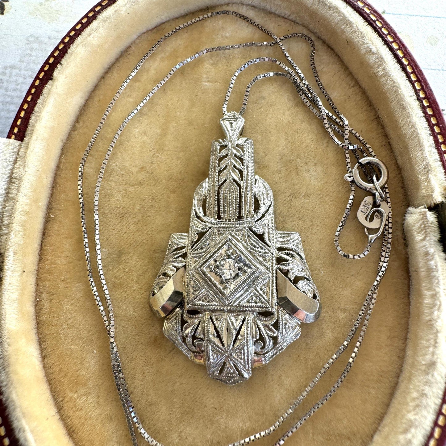 Antique Art Deco 18ct White Gold & Diamond Geometric Pendant Necklace. Edwardian Era Italian White Gold Diamond Pendant On Box Link Chain
