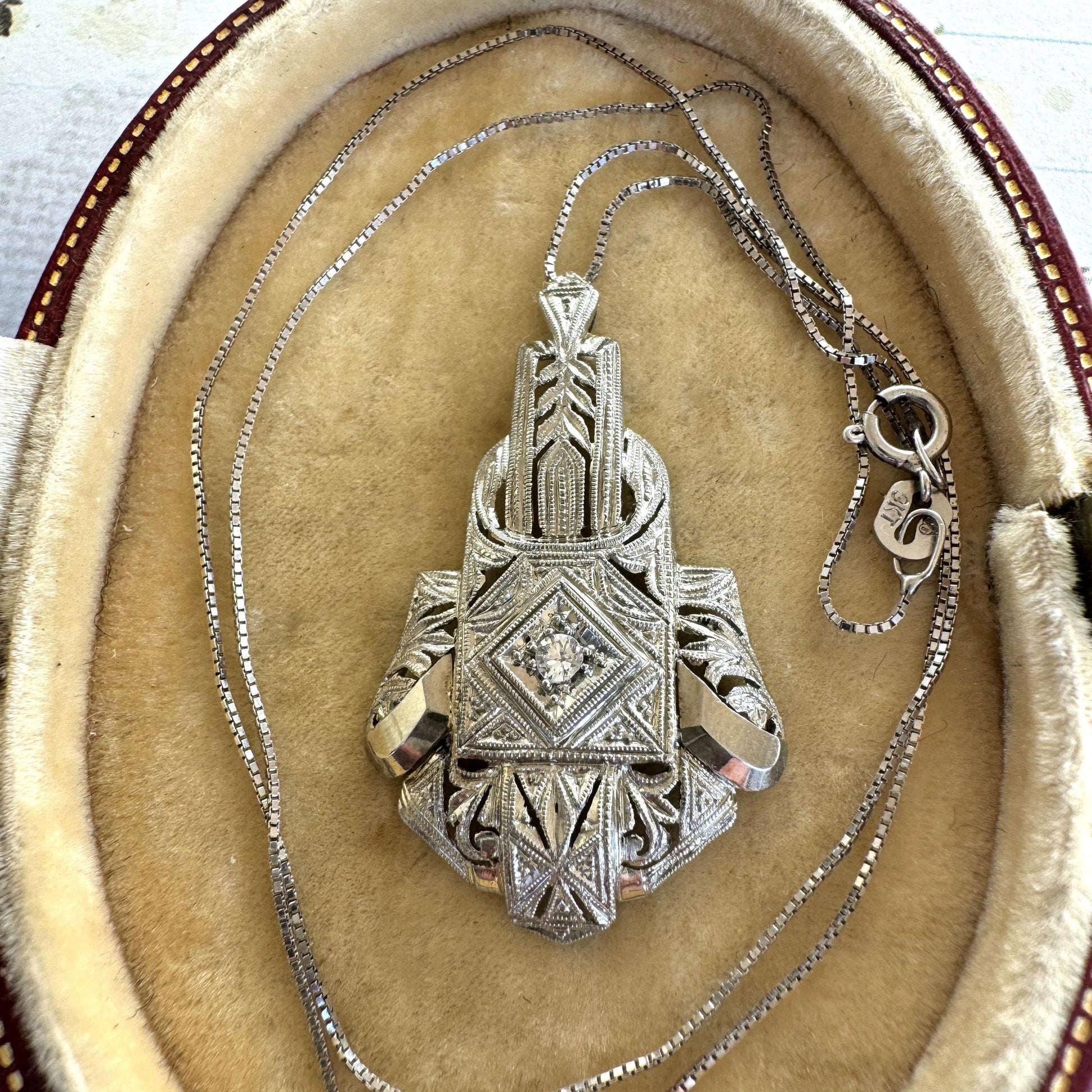 Antique Art Deco 18ct White Gold & Diamond Geometric Pendant Necklace. Edwardian Era Italian White Gold Diamond Pendant On Box Link Chain