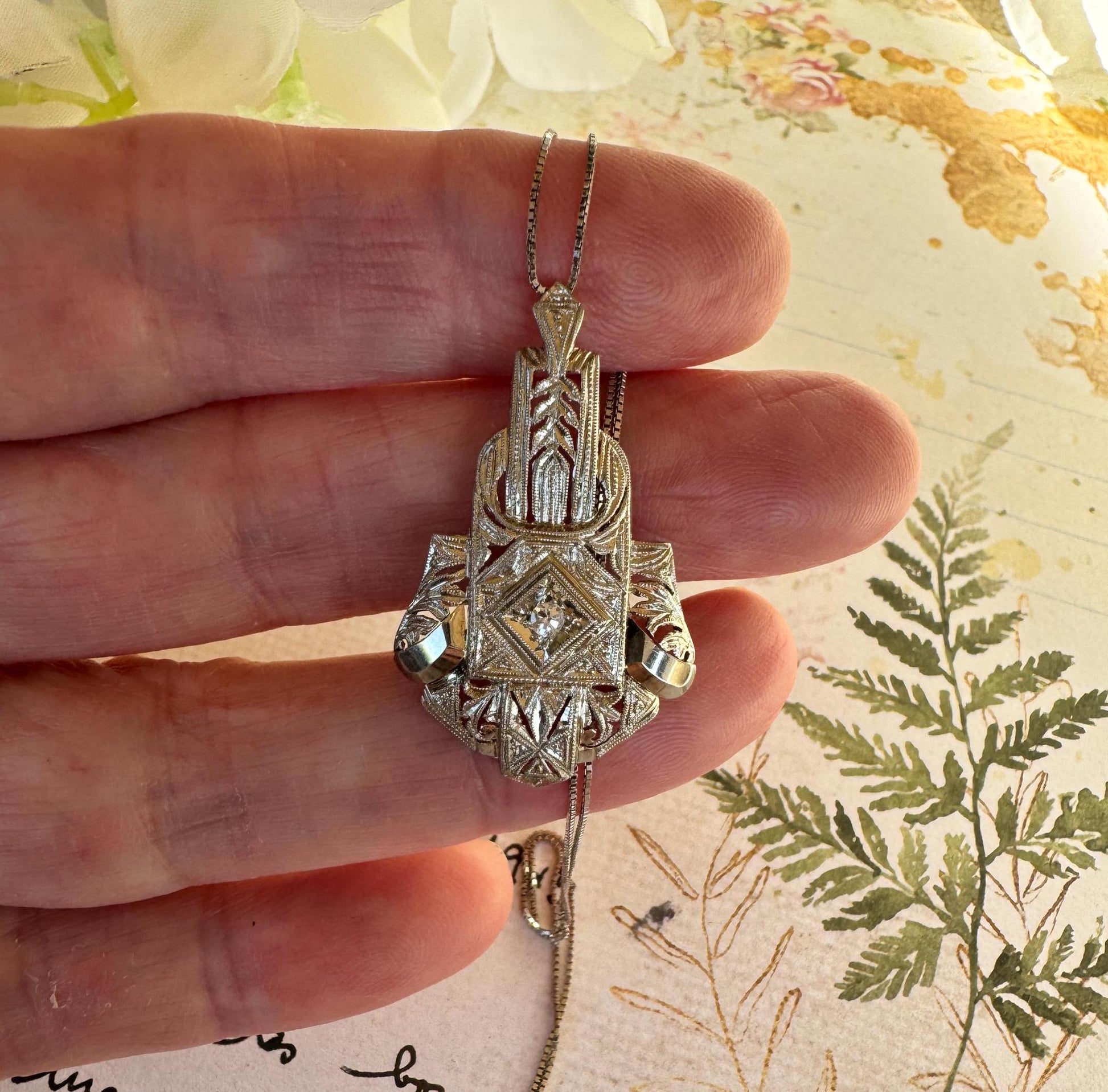 Antique Art Deco 18ct White Gold & Diamond Geometric Pendant Necklace. Edwardian Era Italian White Gold Diamond Pendant On Box Link Chain