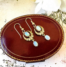 Cargar imagen en el visor de la galería, Victorian 9ct Gold Crescent Moon Opal &amp; Pearl Earrings. Antique Long Pendant Drop Hook Earrings. Victorian Sweetheart/Love Token Jewellery
