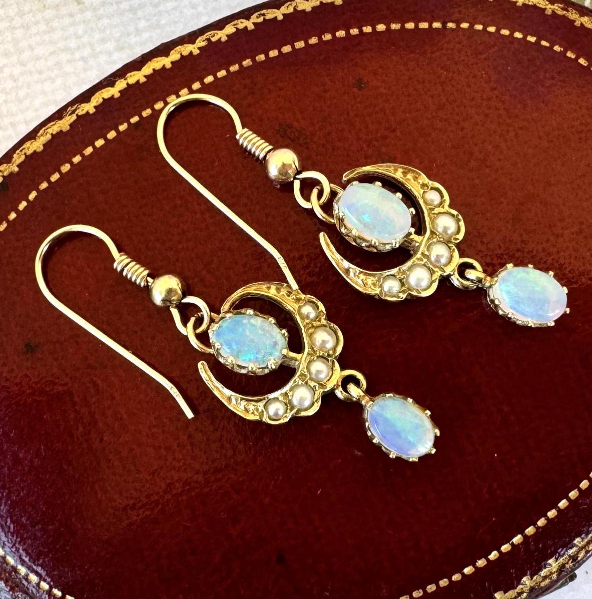 Victorian 9ct Gold Crescent Moon Opal & Pearl Earrings. Antique Long Pendant Drop Hook Earrings. Victorian Sweetheart/Love Token Jewellery