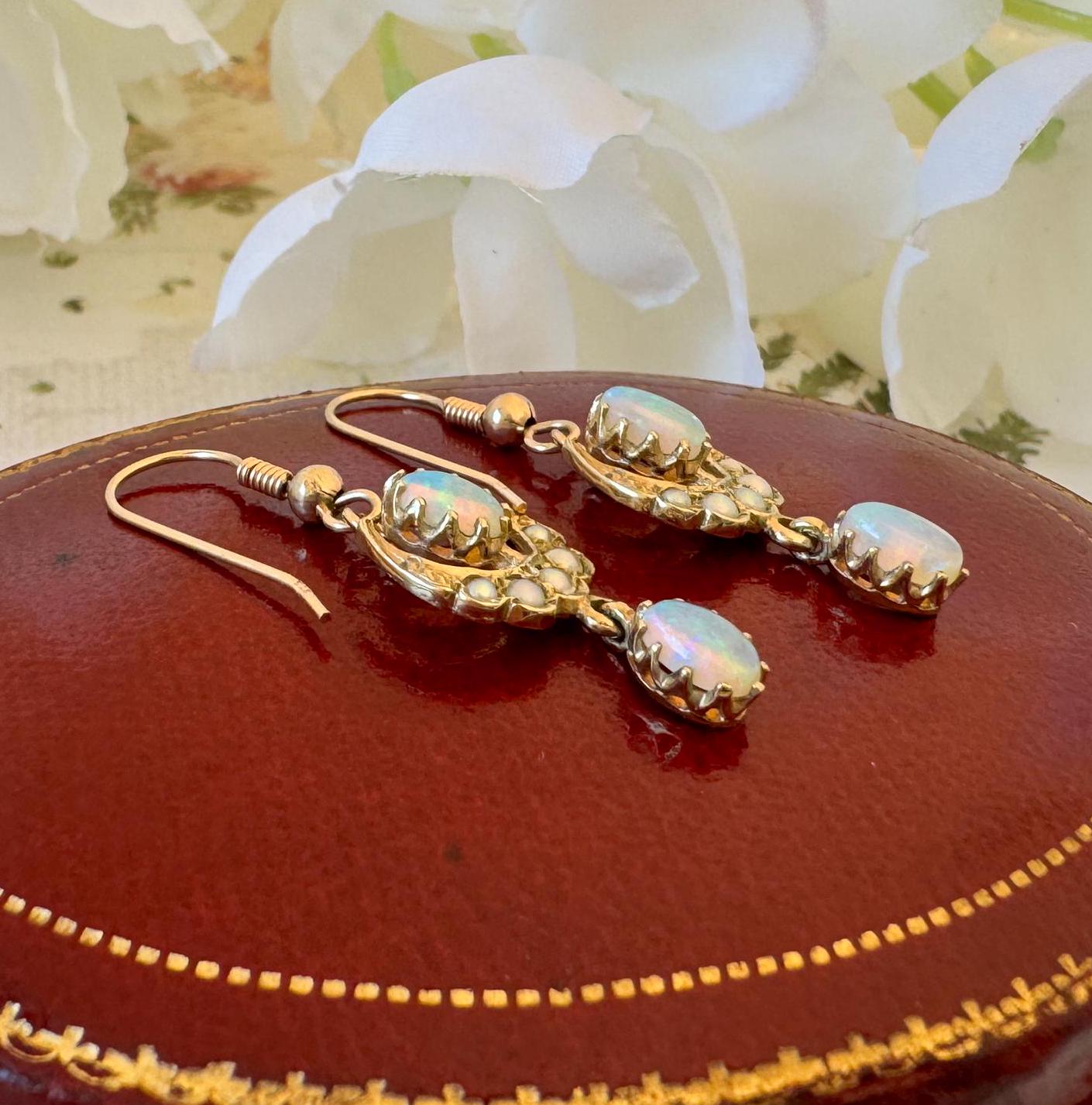 Victorian 9ct Gold Crescent Moon Opal & Pearl Earrings. Antique Long Pendant Drop Hook Earrings. Victorian Sweetheart/Love Token Jewellery