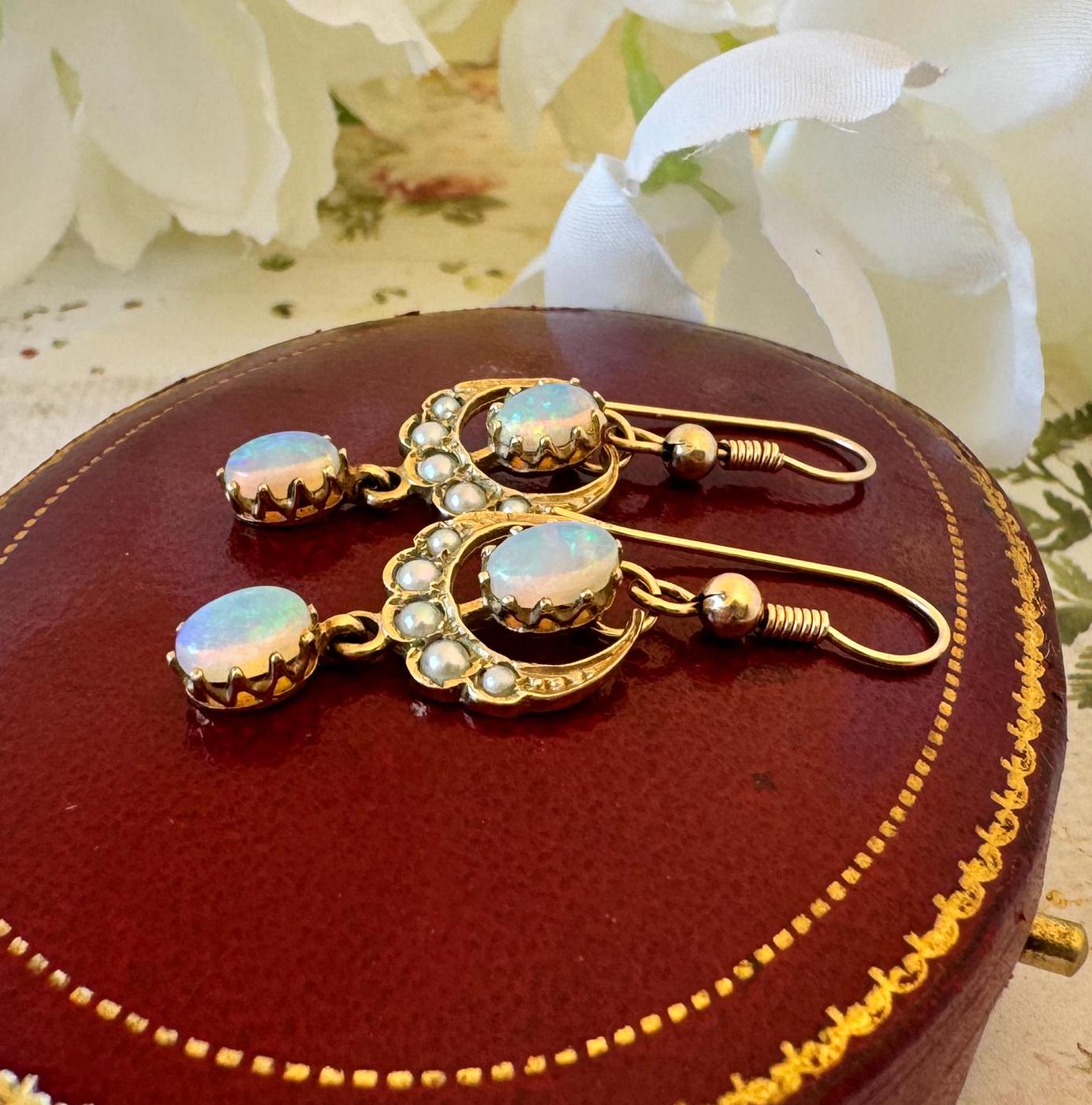 Victorian 9ct Gold Crescent Moon Opal & Pearl Earrings. Antique Long Pendant Drop Hook Earrings. Victorian Sweetheart/Love Token Jewellery