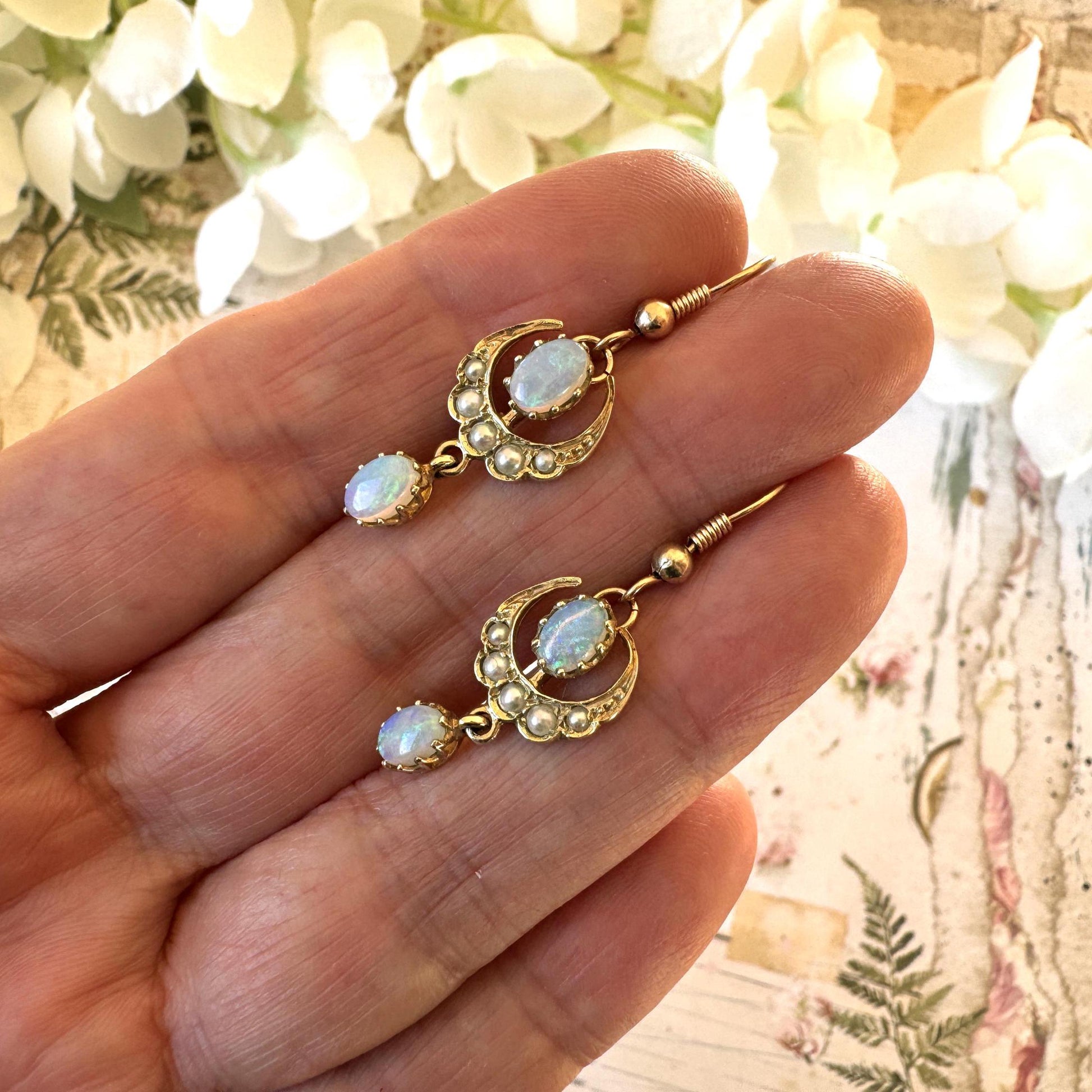 Victorian 9ct Gold Crescent Moon Opal & Pearl Earrings. Antique Long Pendant Drop Hook Earrings. Victorian Sweetheart/Love Token Jewellery