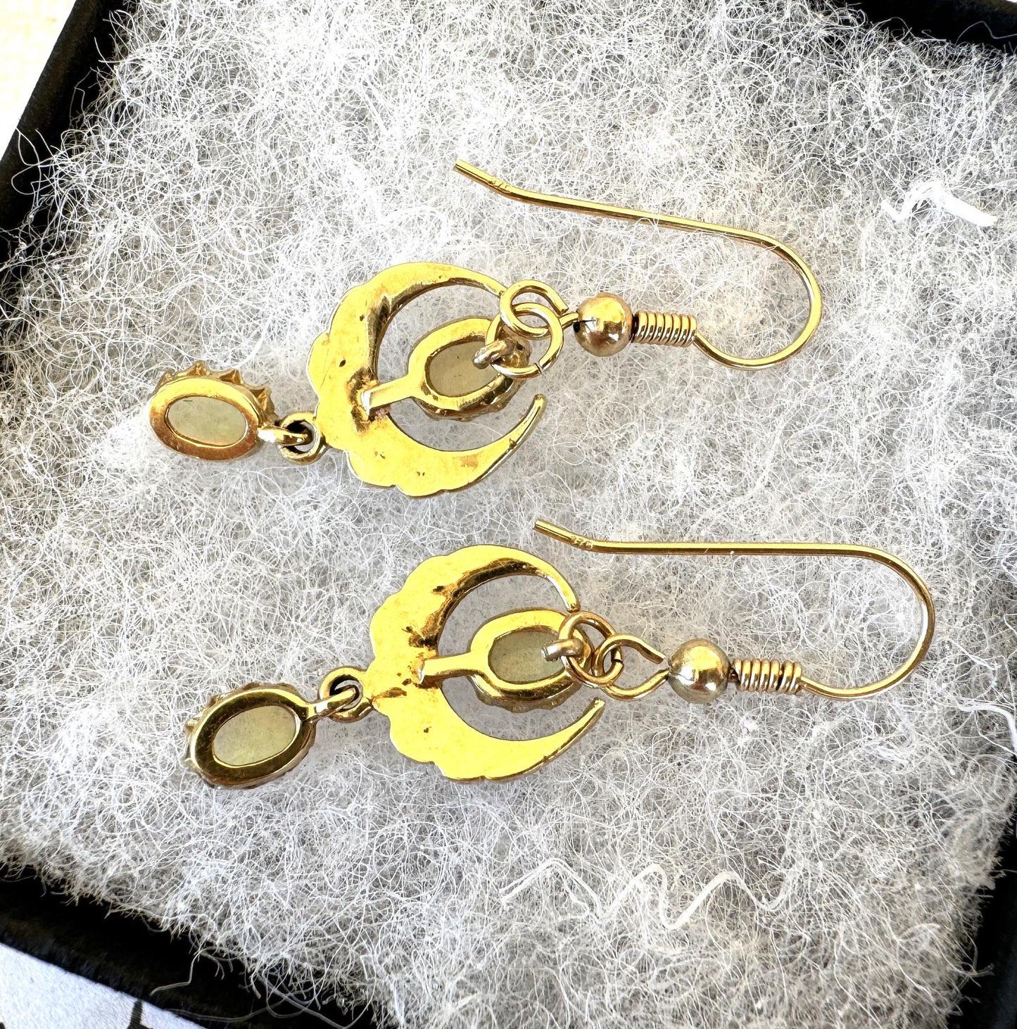 Victorian 9ct Gold Crescent Moon Opal & Pearl Earrings. Antique Long Pendant Drop Hook Earrings. Victorian Sweetheart/Love Token Jewellery