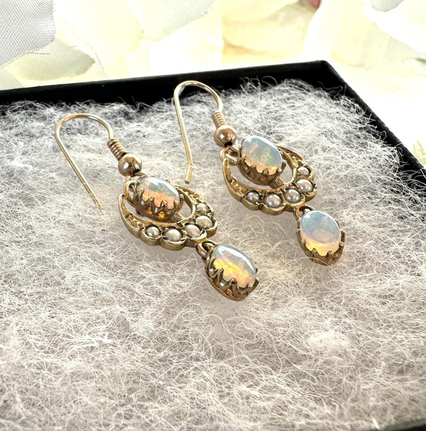 Victorian 9ct Gold Crescent Moon Opal & Pearl Earrings. Antique Long Pendant Drop Hook Earrings. Victorian Sweetheart/Love Token Jewellery