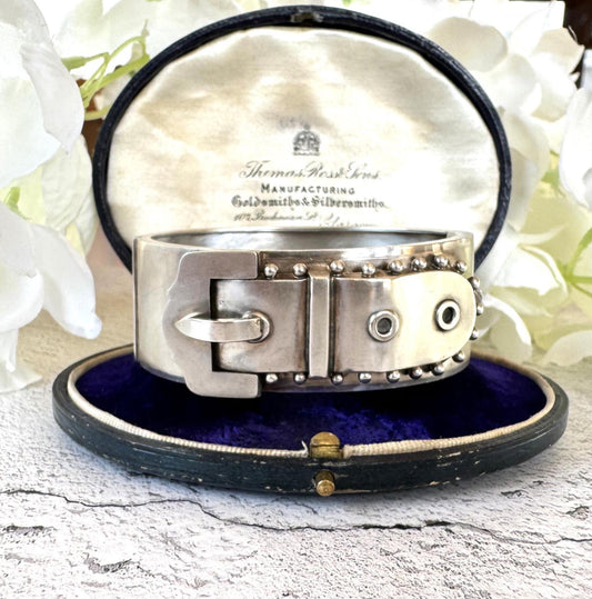 Antique Victorian Silver Wide Belt Buckle Bangle Bracelet. Ornate Chunky Sterling Victorian Cuff Bracelet, 1882 Hallmark. Love Token Jewelry