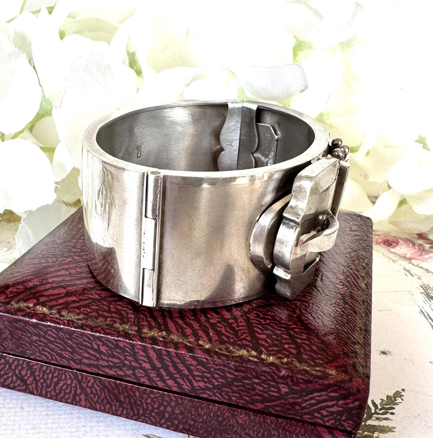 Antique Victorian Silver Wide Belt Buckle Bangle Bracelet. Ornate Chunky Sterling Victorian Cuff Bracelet, 1882 Hallmark. Love Token Jewelry
