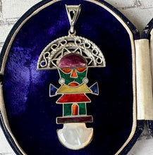 Load image into Gallery viewer, Vintage Peruvian 950 Silver Gemstone Set Large Tumi Pendant. Native Inca Sun God Inti Figural Ceremonial Knife Sterling Silver Pendant
