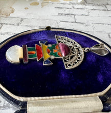 Load image into Gallery viewer, Vintage Peruvian 950 Silver Gemstone Set Large Tumi Pendant. Native Inca Sun God Inti Figural Ceremonial Knife Sterling Silver Pendant
