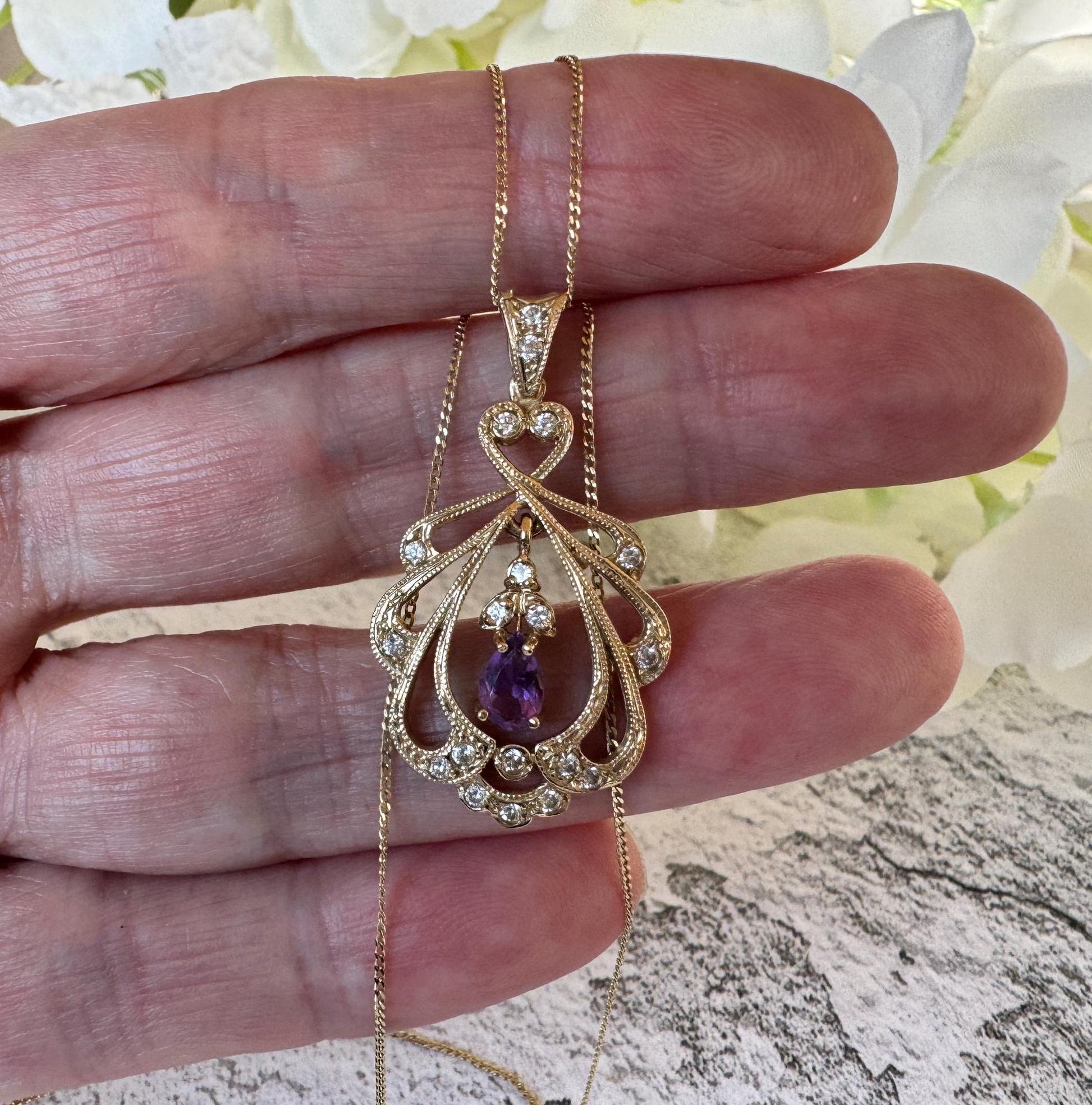 Vintage 9ct Gold Diamond & Amethyst Pendant With Optional Gold Chain. Antique Edwardian Style Yellow Gold Natural Diamond Pendant Necklace.