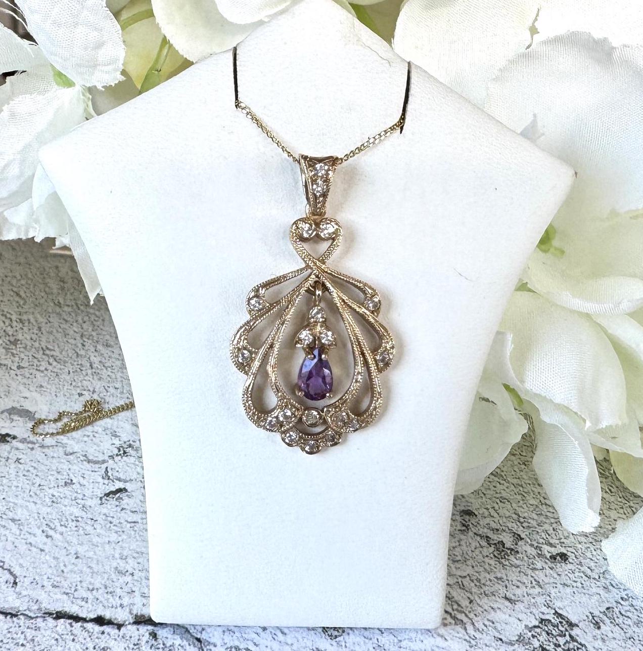 Vintage 9ct Gold Diamond & Amethyst Pendant With Optional Gold Chain. Antique Edwardian Style Yellow Gold Natural Diamond Pendant Necklace.