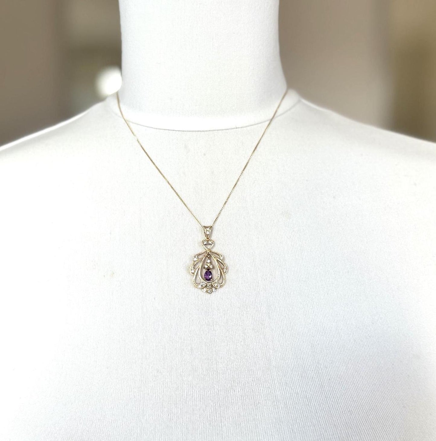 Vintage 9ct Gold Diamond & Amethyst Pendant With Optional Gold Chain. Antique Edwardian Style Yellow Gold Natural Diamond Pendant Necklace.