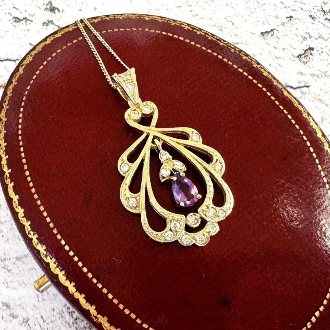 Vintage 9ct Gold Diamond & Amethyst Pendant With Optional Gold Chain. Antique Edwardian Style Yellow Gold Natural Diamond Pendant Necklace.