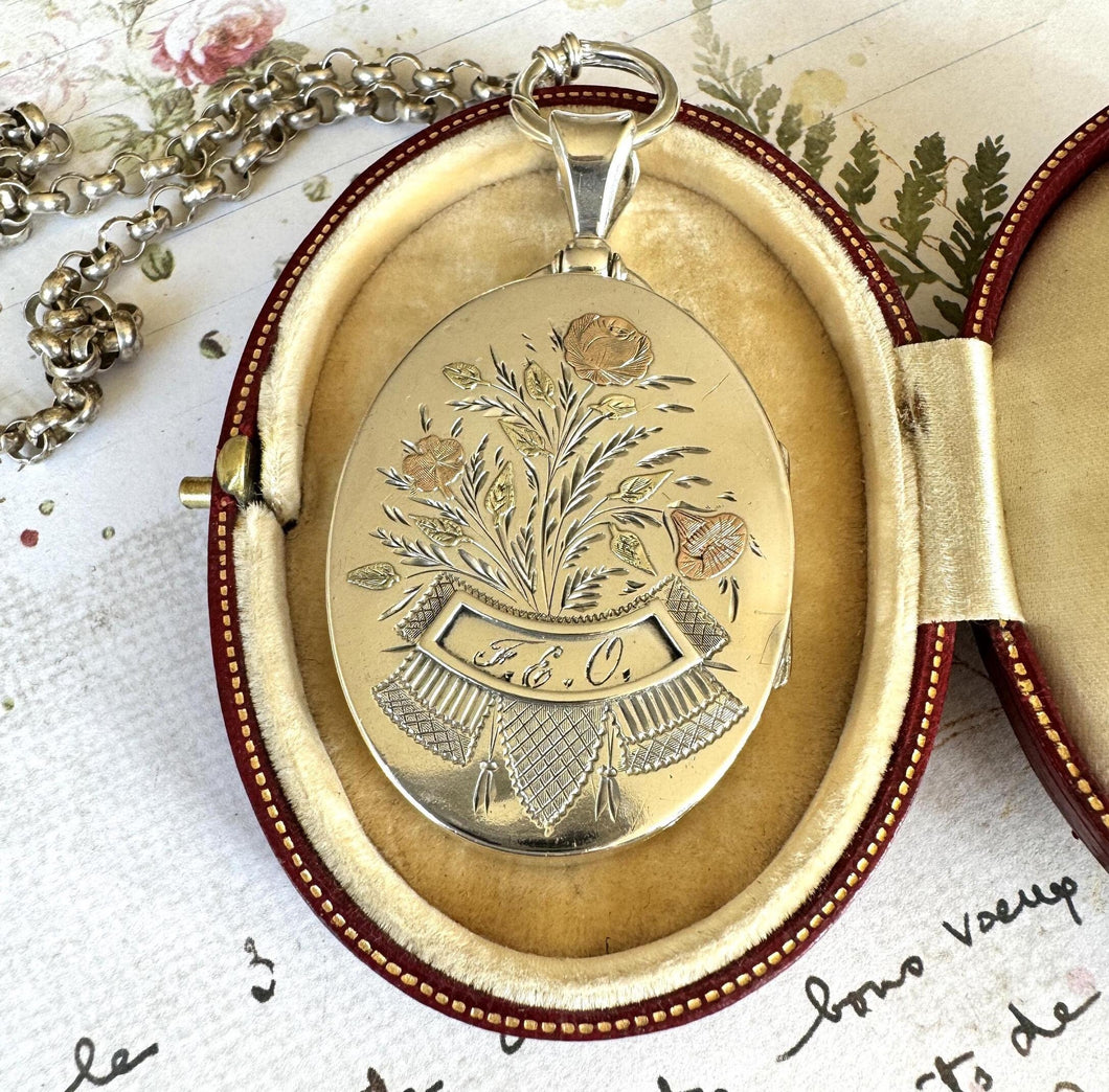 Antique Victorian Silver Gold Aesthetic Engraved Locket With