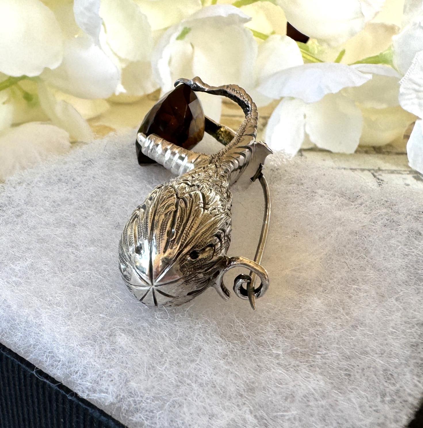 Antique Victorian Scottish Citrine Silver Grouse Claw Kilt Pin. 30ct Golden Brown Cairngorm Citrine Sterling Silver Statement Brooch