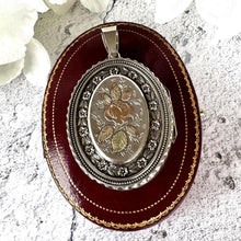 Load image into Gallery viewer, Victorian 1881 Sterling Silver and Gold Rose &amp; Pansy Locket Pendant. Antique Large Oval Bookchain Locket. Victorian Love Token Jewellery
