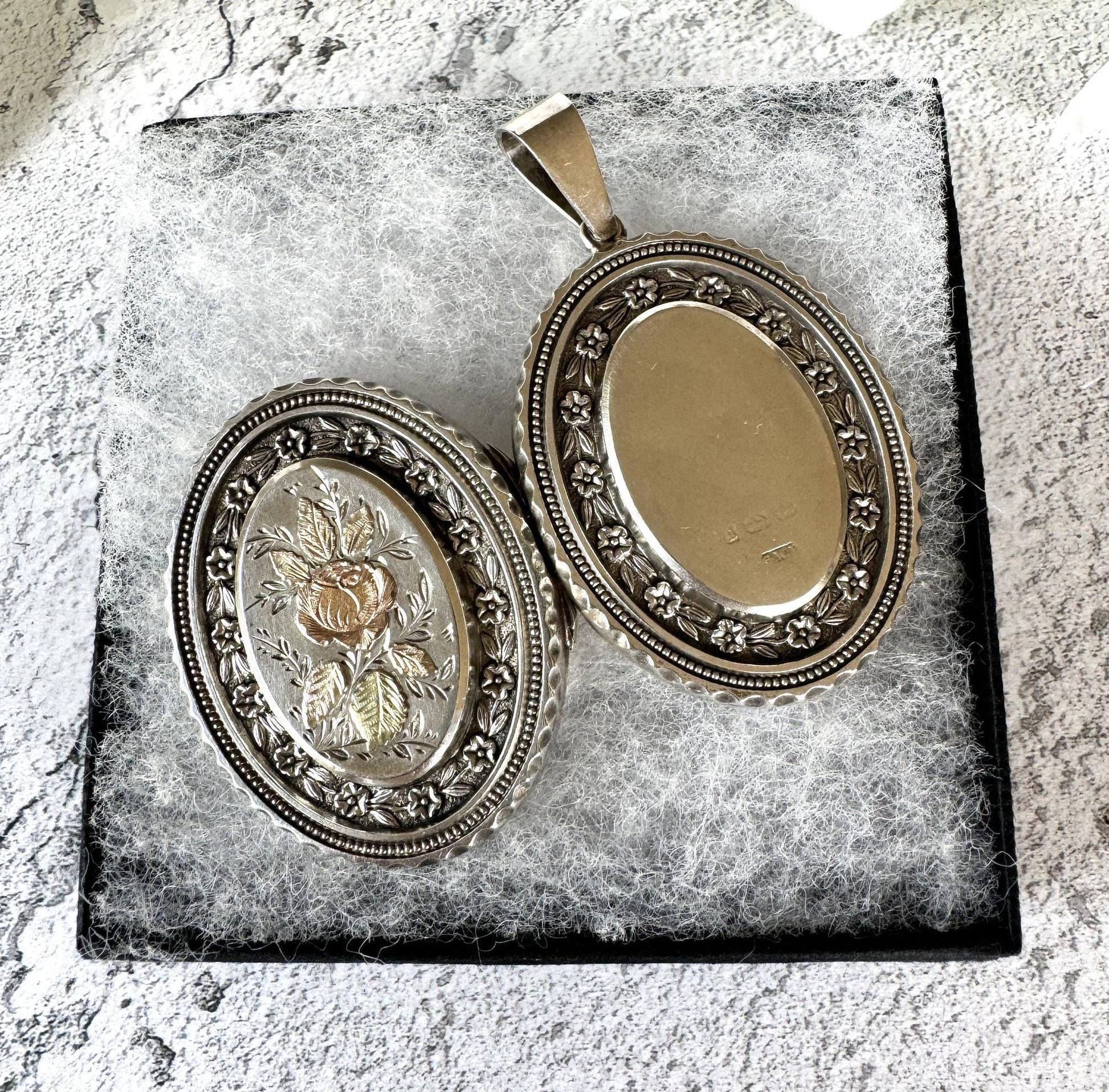 Victorian 1881 Sterling Silver and Gold Rose & Pansy Locket Pendant. Antique Large Oval Bookchain Locket. Victorian Love Token Jewellery