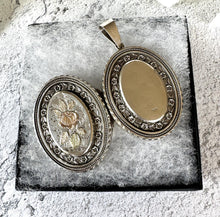 Load image into Gallery viewer, Victorian 1881 Sterling Silver and Gold Rose &amp; Pansy Locket Pendant. Antique Large Oval Bookchain Locket. Victorian Love Token Jewellery
