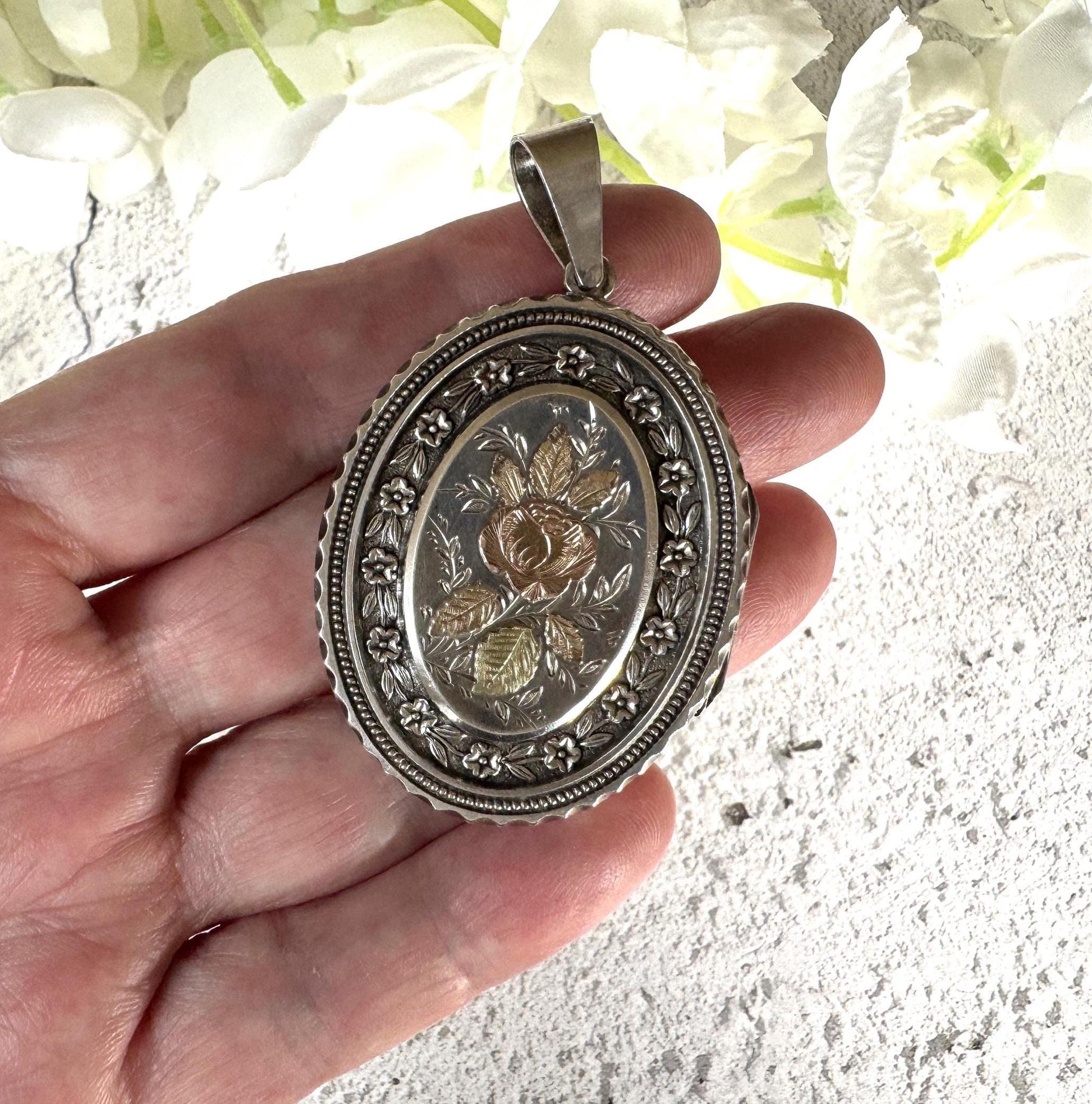 Victorian 1881 Sterling Silver and Gold Rose & Pansy Locket Pendant. Antique Large Oval Bookchain Locket. Victorian Love Token Jewellery