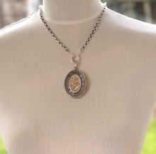 Load image into Gallery viewer, Victorian 1881 Sterling Silver and Gold Rose &amp; Pansy Locket Pendant. Antique Large Oval Bookchain Locket. Victorian Love Token Jewellery
