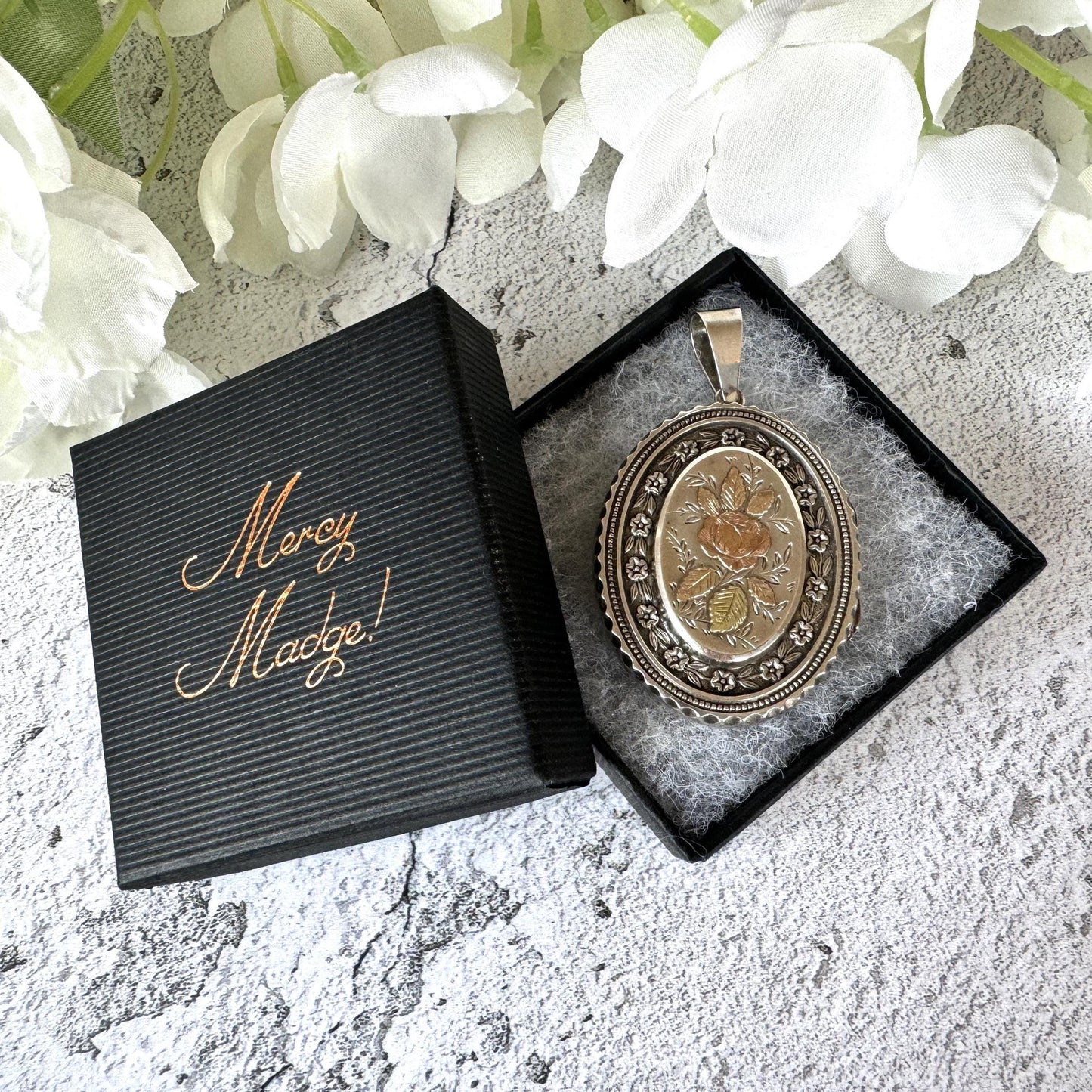 Victorian 1881 Sterling Silver and Gold Rose & Pansy Locket Pendant. Antique Large Oval Bookchain Locket. Victorian Love Token Jewellery