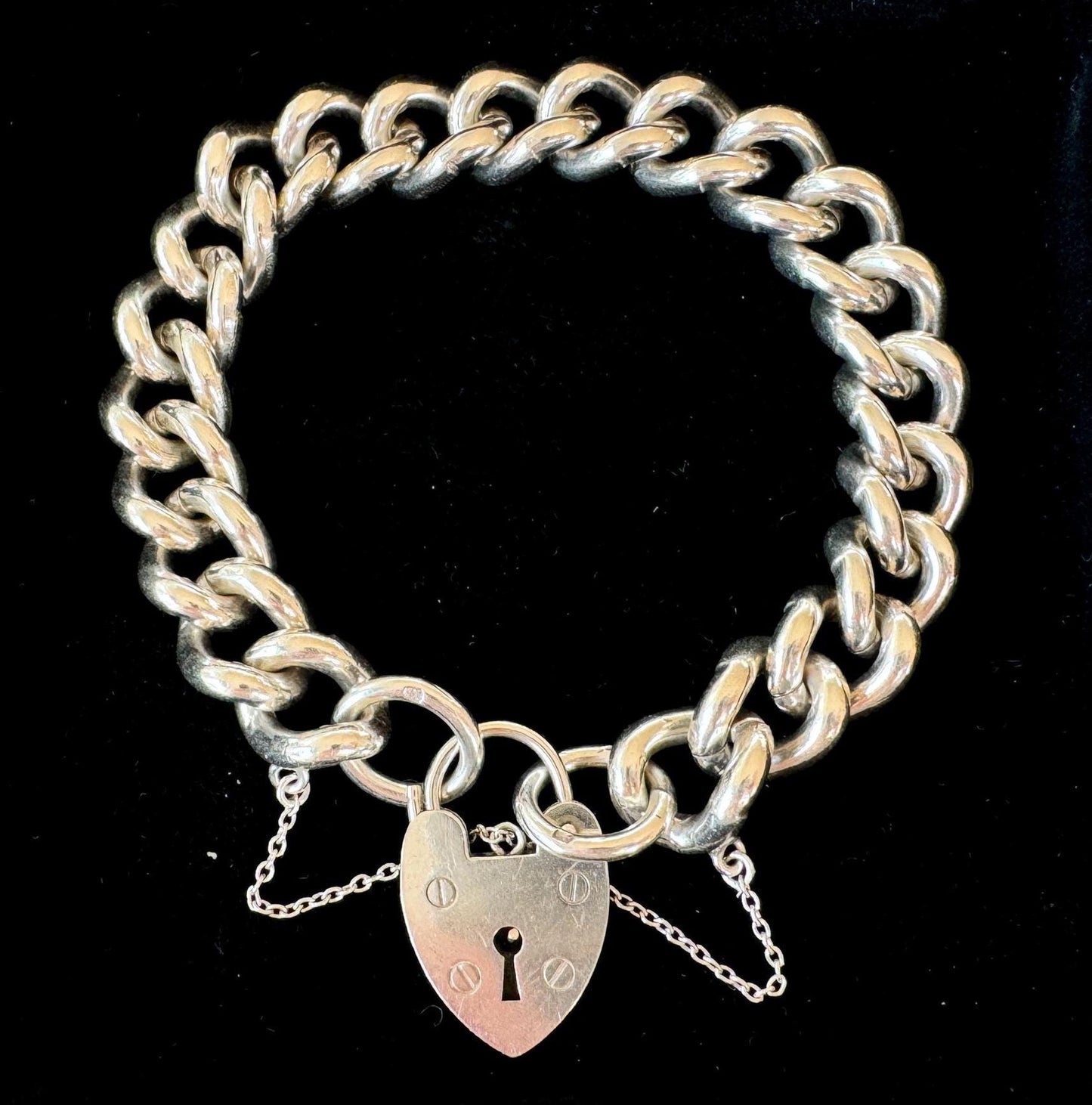 Vintage Chunky Sterling Silver Chain Bracelet & Love Heart Padlock Clasp, Dated 1977