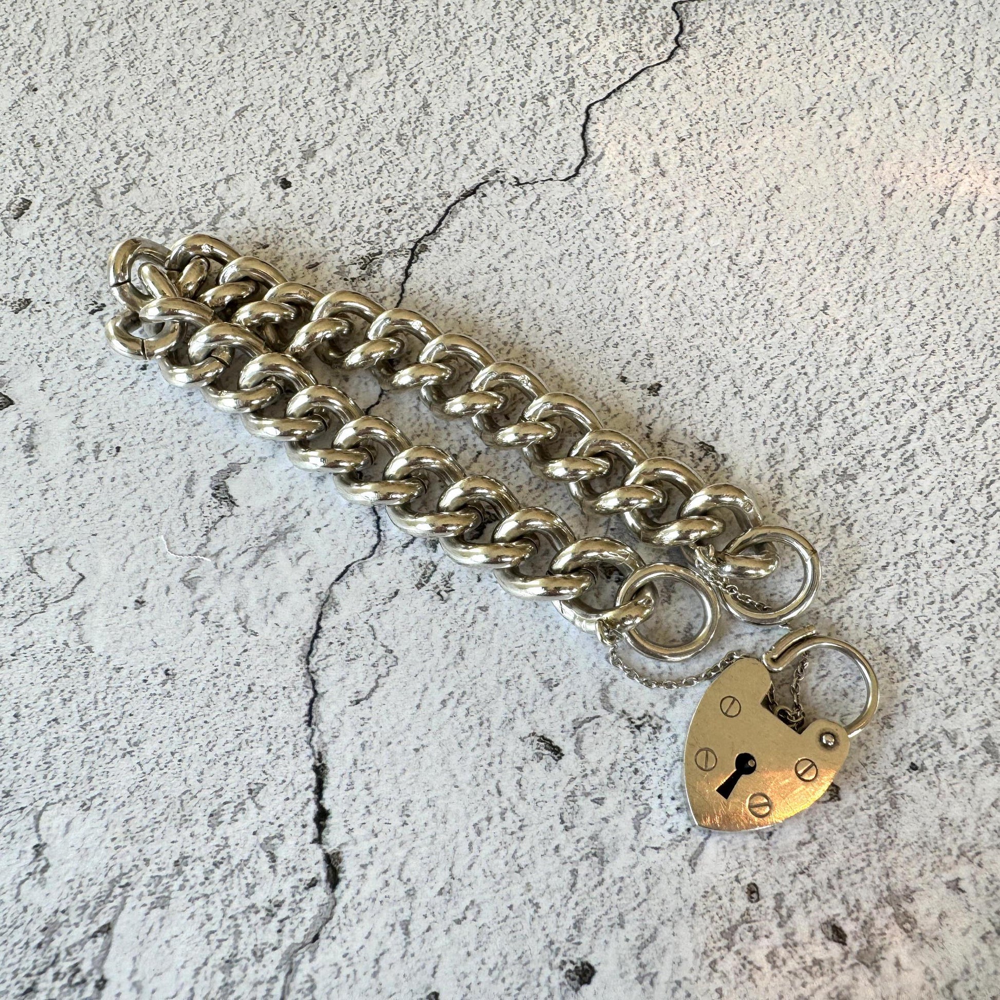 Vintage Chunky Sterling Silver Chain Bracelet & Love Heart Padlock Clasp, Dated 1977
