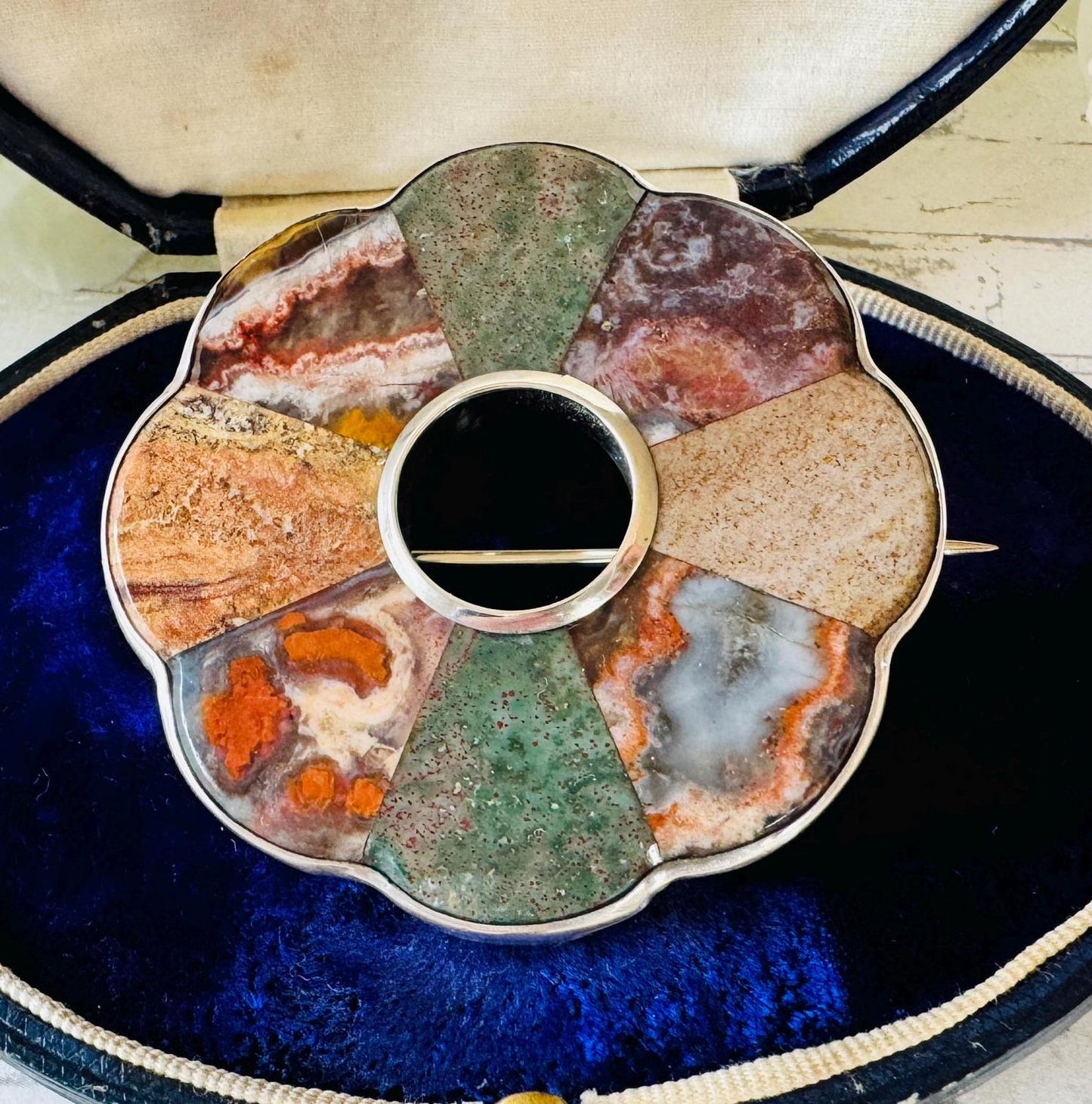 Antique Victorian Scottish Silver Mixed Agate Target Brooch. Large Slate Backed Hardstone Plaid Brooch. Victorian Scottish Pebble Jewelry