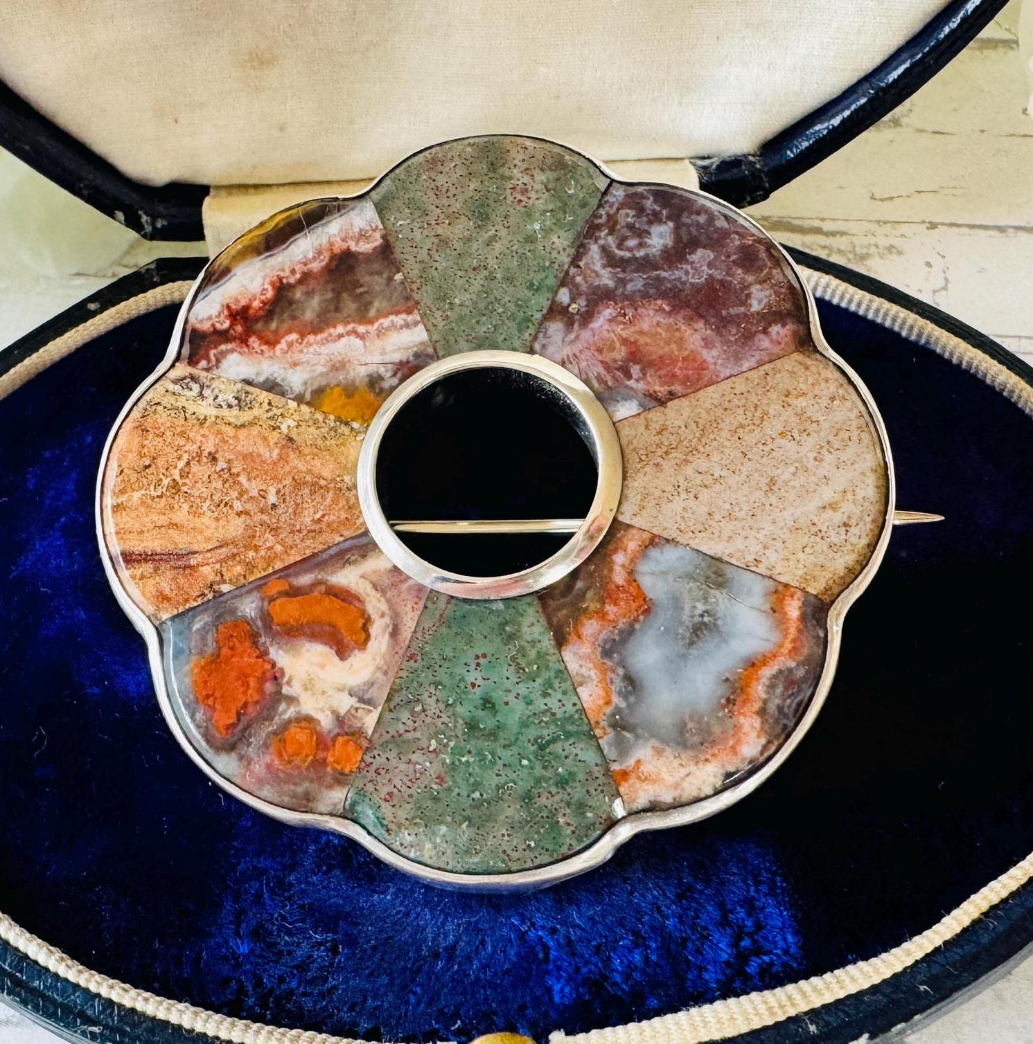 Antique Victorian Scottish Silver Mixed Agate Target Brooch. Large Slate Backed Hardstone Plaid Brooch. Victorian Scottish Pebble Jewelry