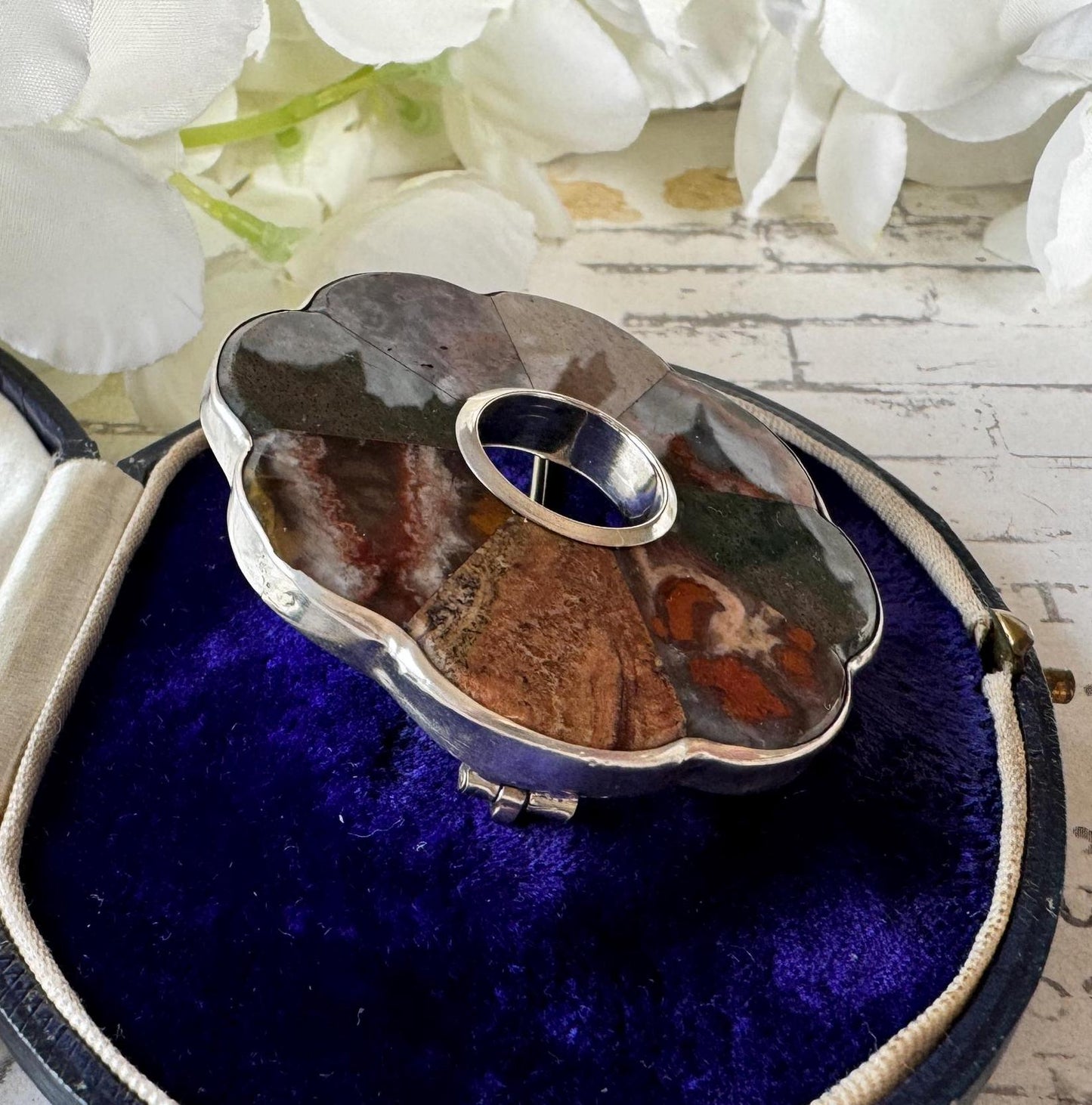 Antique Victorian Scottish Silver Mixed Agate Target Brooch. Large Slate Backed Hardstone Plaid Brooch. Victorian Scottish Pebble Jewelry