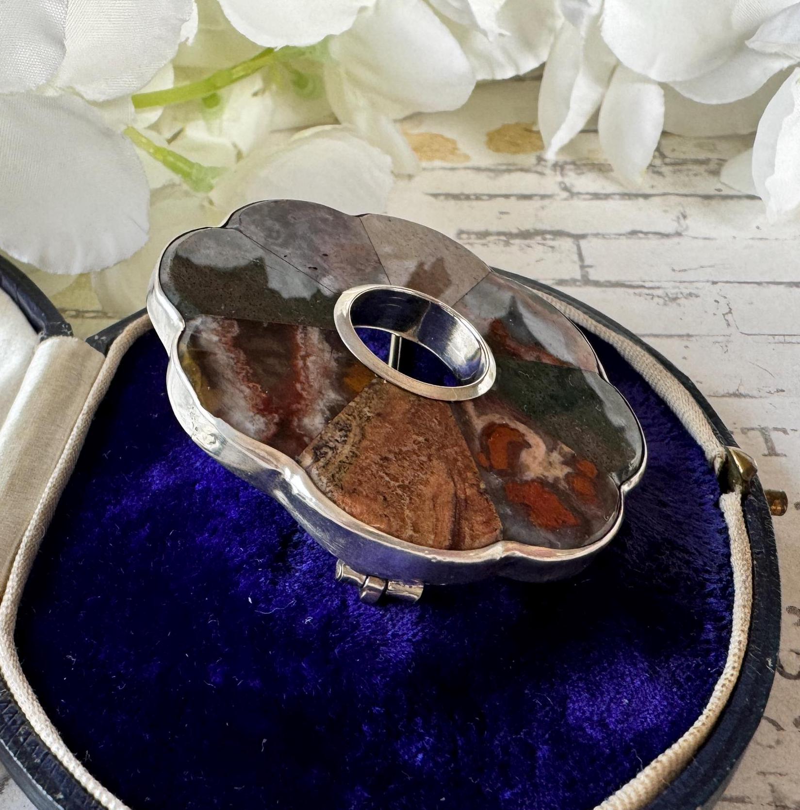 Antique Victorian Scottish Silver Mixed Agate Target Brooch. Large Slate Backed Hardstone Plaid Brooch. Victorian Scottish Pebble Jewelry