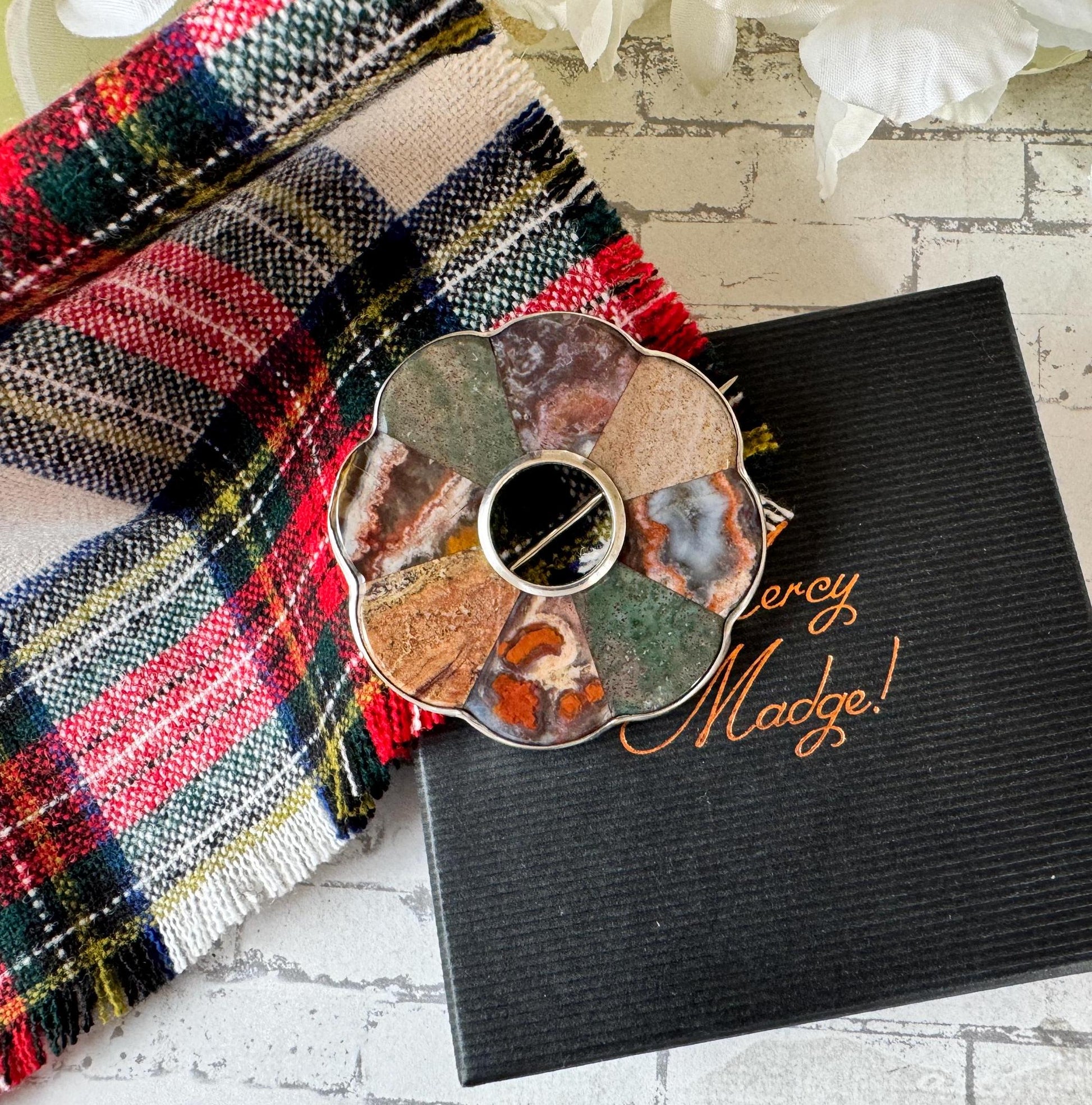 Antique Victorian Scottish Silver Mixed Agate Target Brooch. Large Slate Backed Hardstone Plaid Brooch. Victorian Scottish Pebble Jewelry