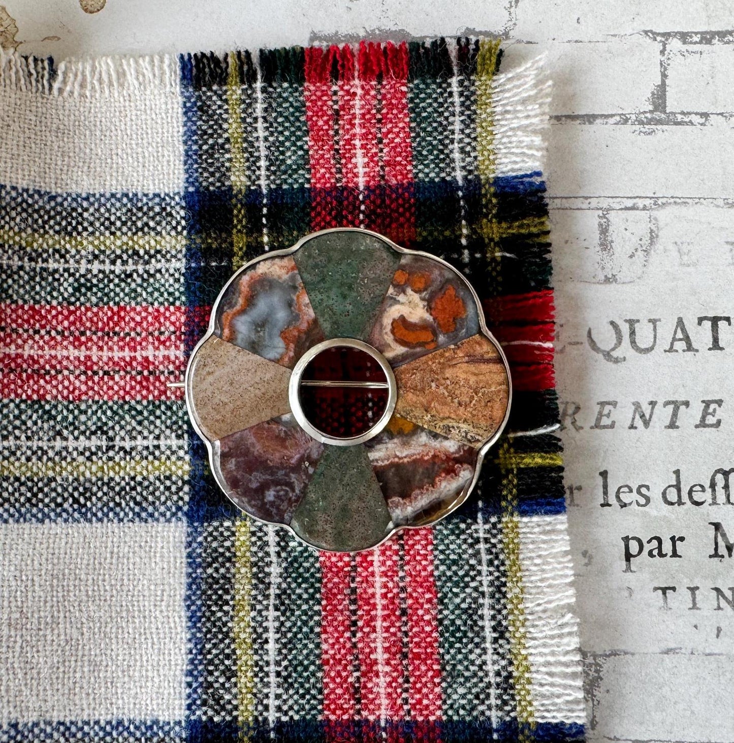 Antique Victorian Scottish Silver Mixed Agate Target Brooch. Large Slate Backed Hardstone Plaid Brooch. Victorian Scottish Pebble Jewelry