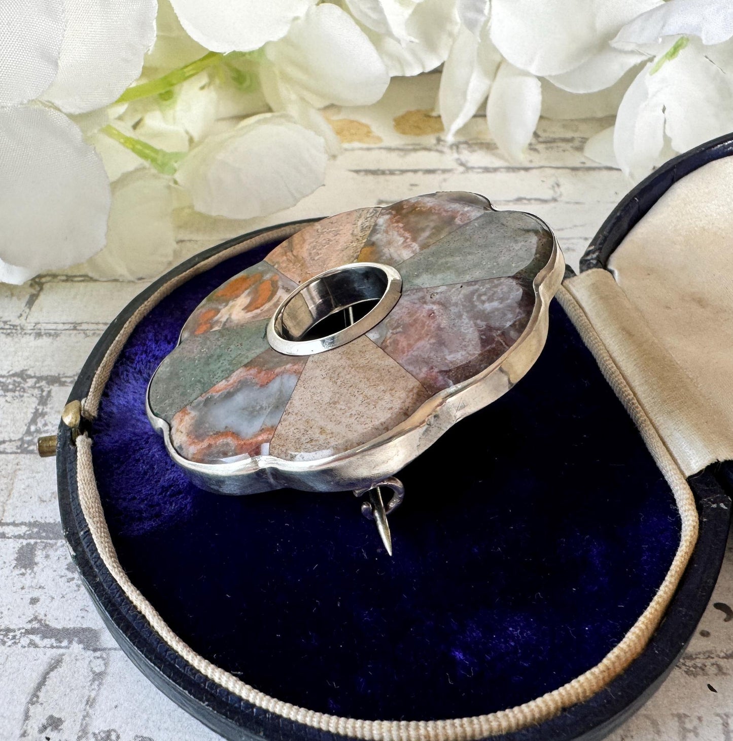 Antique Victorian Scottish Silver Mixed Agate Target Brooch. Large Slate Backed Hardstone Plaid Brooch. Victorian Scottish Pebble Jewelry