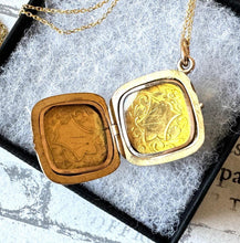 Load image into Gallery viewer, Antique 9ct Yellow Gold Engraved Shield Square Locket Pendant Necklace. Victorian/ Edwardian Gold Rhombus Locket &amp; Anchor Chain.
