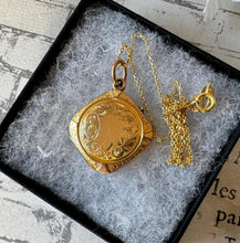 Load image into Gallery viewer, Antique 9ct Yellow Gold Engraved Shield Square Locket Pendant Necklace. Victorian/ Edwardian Gold Rhombus Locket &amp; Anchor Chain.
