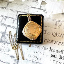 Load image into Gallery viewer, Antique 9ct Yellow Gold Engraved Shield Square Locket Pendant Necklace. Victorian/ Edwardian Gold Rhombus Locket &amp; Anchor Chain.
