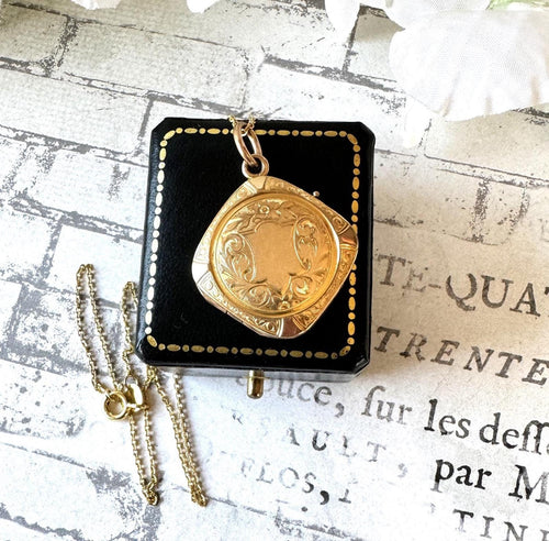 Antique 9ct Yellow Gold Engraved Shield Square Locket Pendant Necklace. Victorian/ Edwardian Gold Rhombus Locket & Anchor Chain.