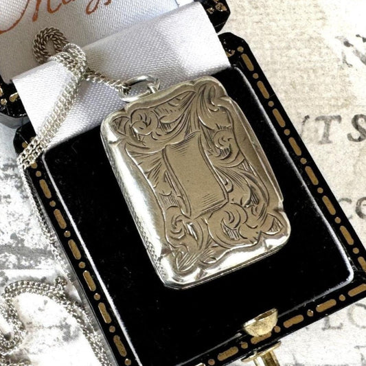 Antique Victorian Silver Vinaigrette Pendant, Hilliard & Thomason 1863. Floral Engraved Lady's Small Vinaigrette Locket Pendant Necklace