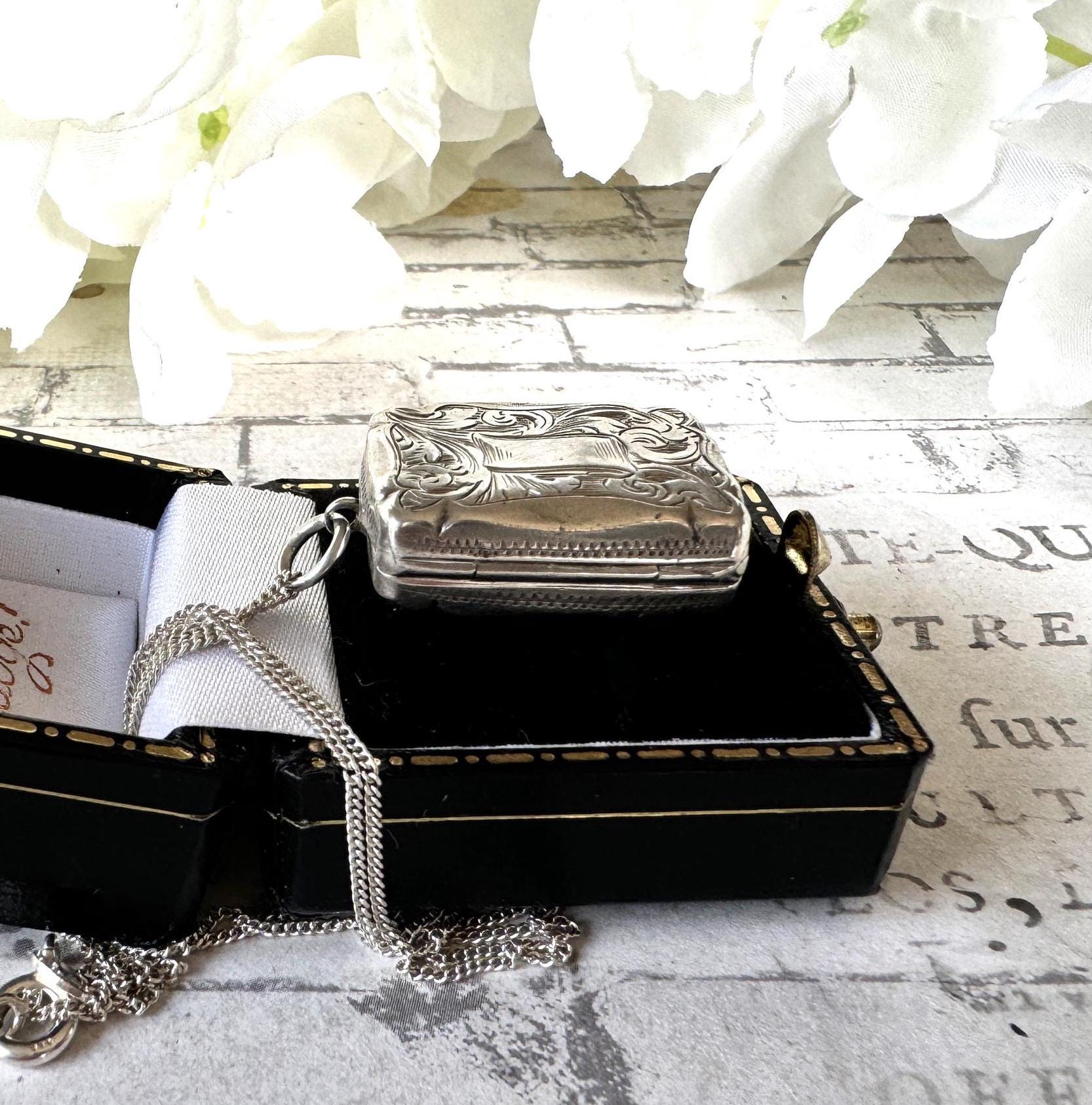 Antique Victorian Silver Vinaigrette Pendant, Hilliard & Thomason 1863. Floral Engraved Lady's Small Vinaigrette Locket Pendant Necklace