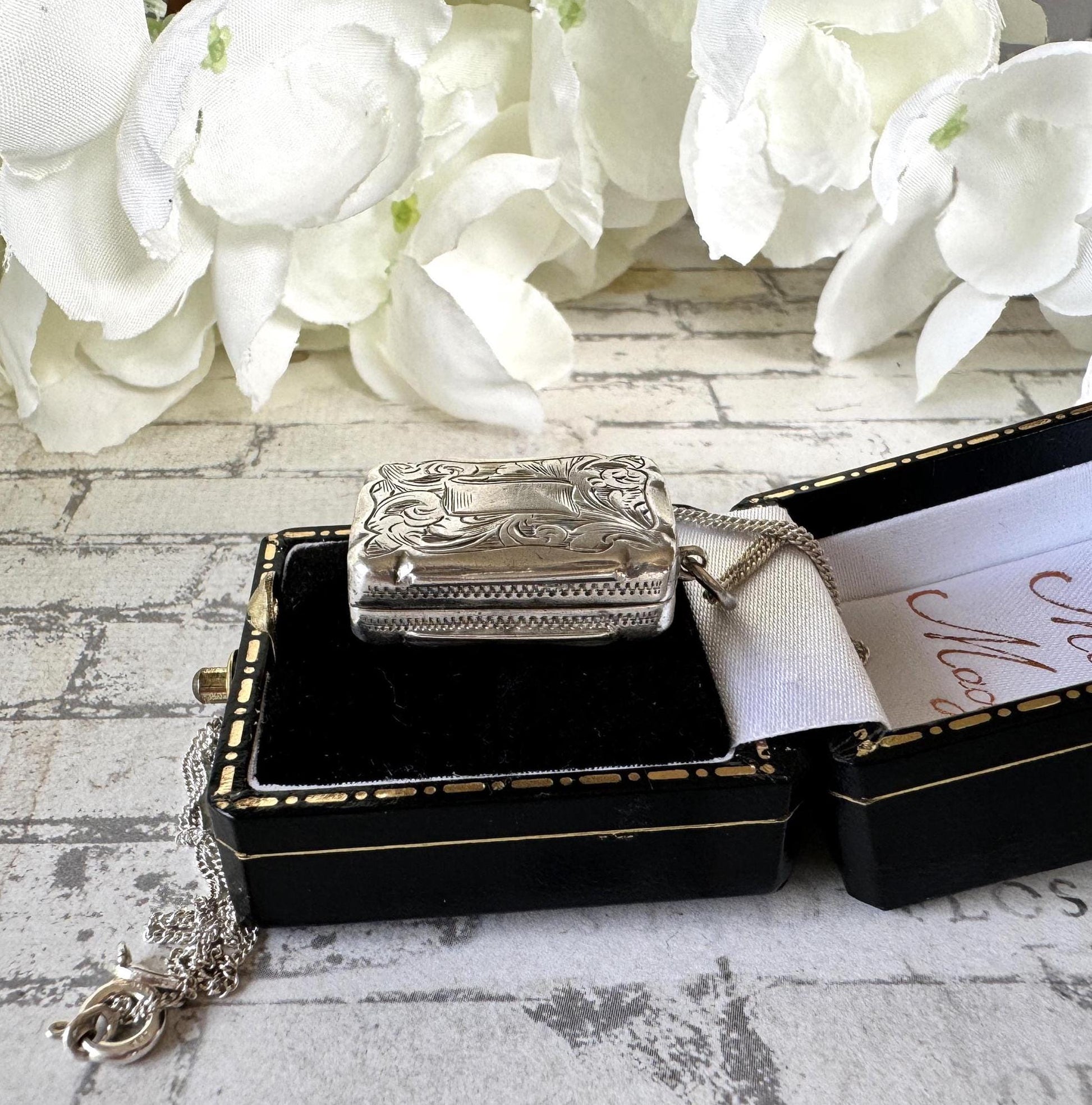 Antique Victorian Silver Vinaigrette Pendant, Hilliard & Thomason 1863. Floral Engraved Lady's Small Vinaigrette Locket Pendant Necklace