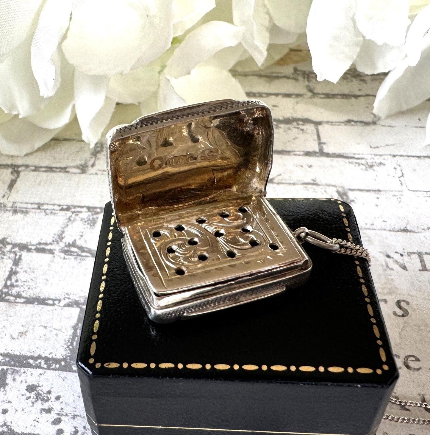 Antique Victorian Silver Vinaigrette Pendant, Hilliard & Thomason 1863. Floral Engraved Lady's Small Vinaigrette Locket Pendant Necklace
