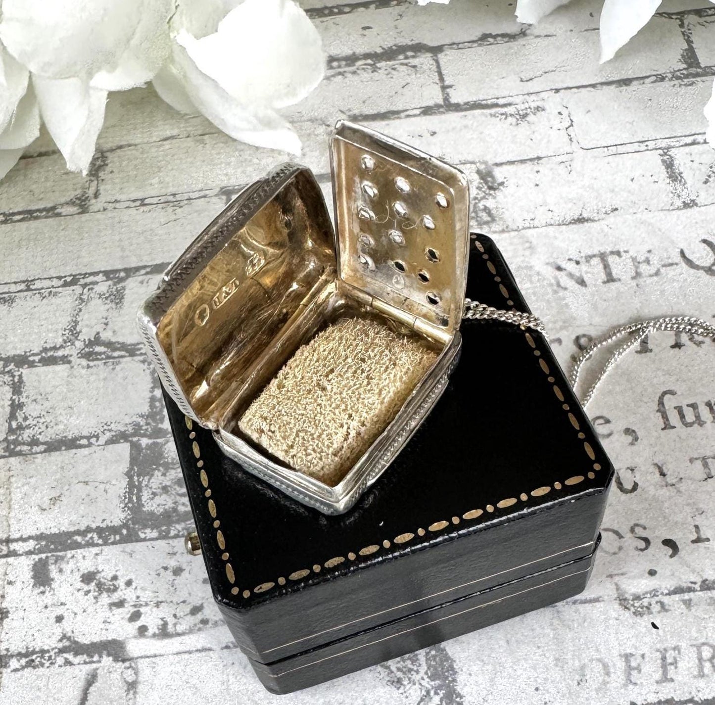 Antique Victorian Silver Vinaigrette Pendant, Hilliard & Thomason 1863. Floral Engraved Lady's Small Vinaigrette Locket Pendant Necklace